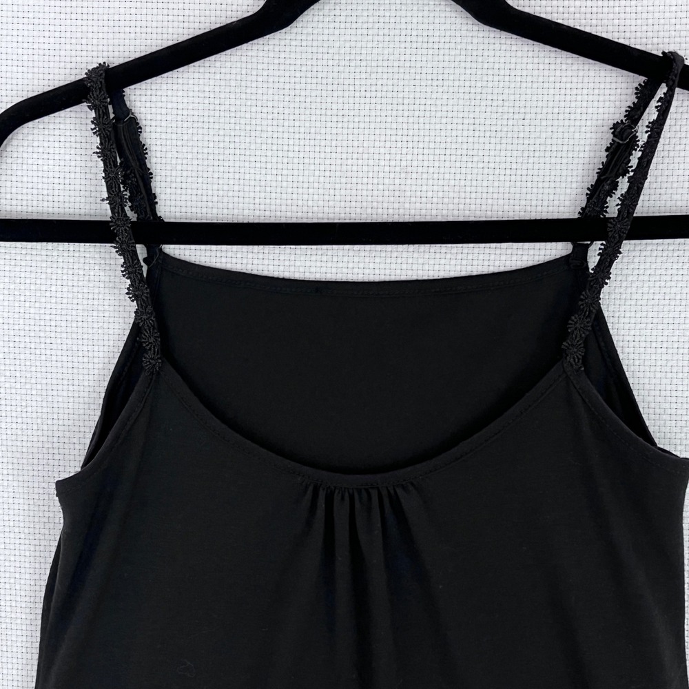 Sleeveless Small Black Cotton Slip Dress wide‎ Lace and Mesh Hem Goth Witchy - Picture 2 of 10